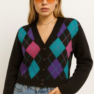 Vintage Winona Knits Colorful Cropped Length Argyle Cardigan 100% Cotton